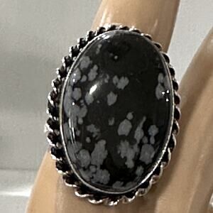 Large Snowflake obsidian, gemstone, ring, large, oval, adjustable, silver plated